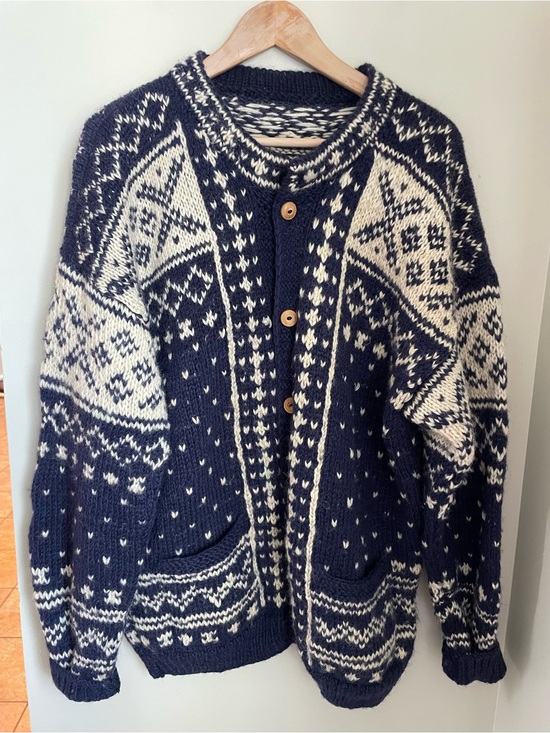 Pure Handknit Other - Vintage Hand Knit Nordic Style Wool Cardigan Mens XL Navy Blue Fair Isle Sweater